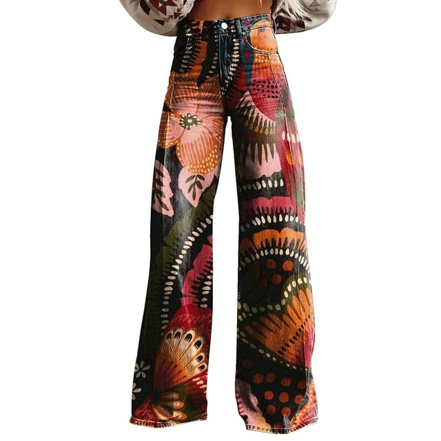 Big Sale!Unolxmxbk Baggy Jeans Women's Vintage Flower Print Casual Wide