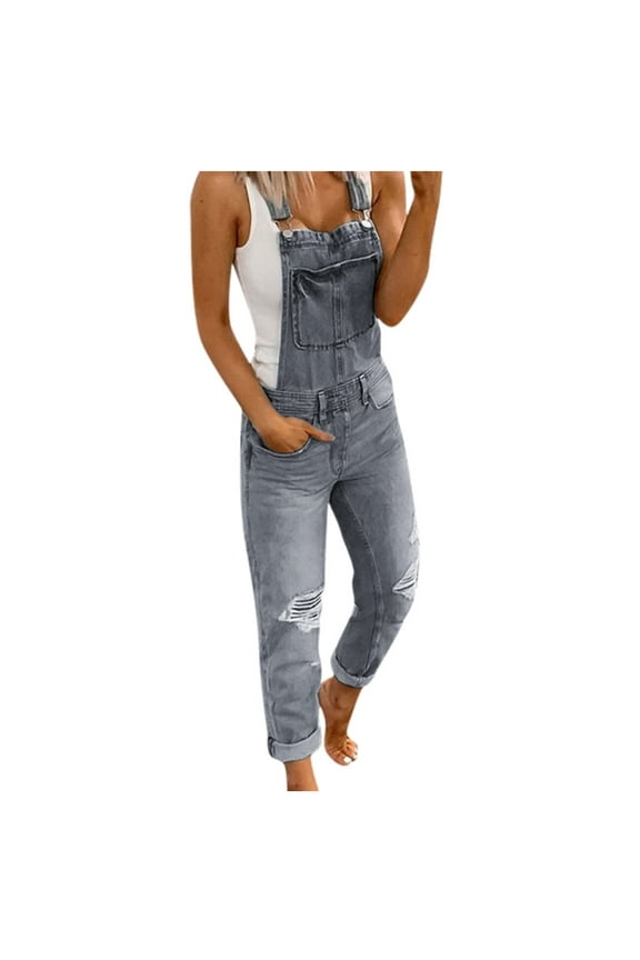 Women Denim Long Jumpsuit Casual Bib Wide Leg Adjustable Strap Romper Pants 90S Retro Revolt Dungaree Overalls Casual Denim Rompers Denim Overalls Ripped Washed Bib Jumpsuits Jeans Jeans