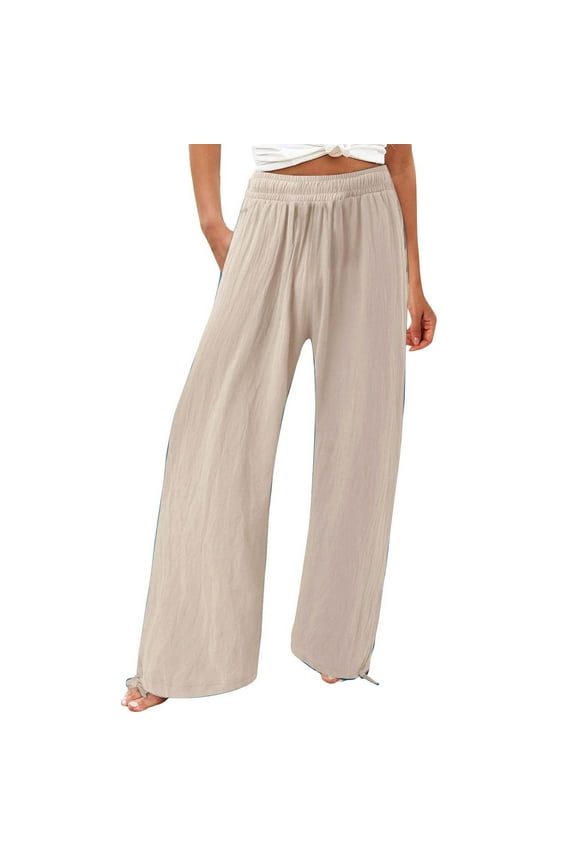 Women's Wide Leg Pants with Pockets Crinkle Comfy High Waist Pull-On Lounge Casual Pants Cotton Casual Loose Pants Comfy Work Pants with Pockets Elastic Paper Bag Drawstring Pants