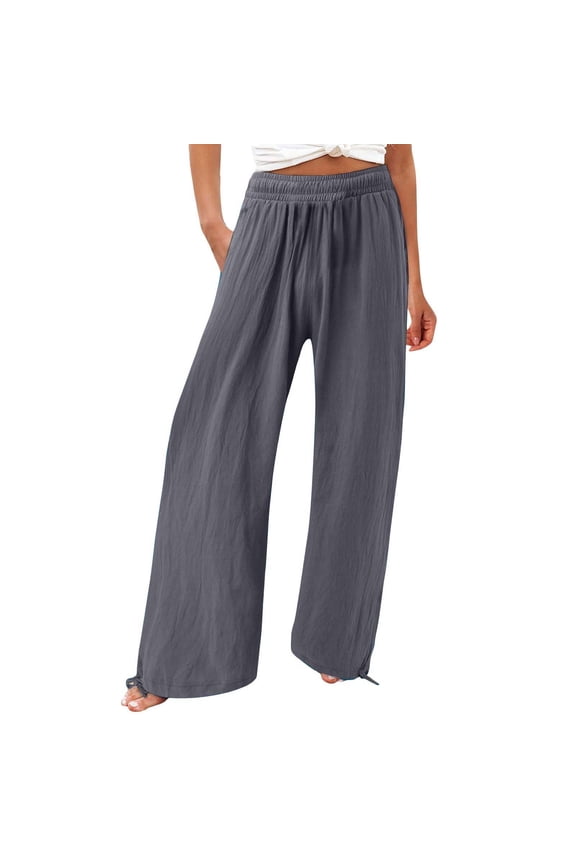 Women's Wide Leg Pants with Pockets Crinkle Comfy High Waist Pull-On Lounge Casual Pants Cotton Casual Loose Pants Comfy Work Pants with Pockets Elastic Paper Bag Drawstring Pants