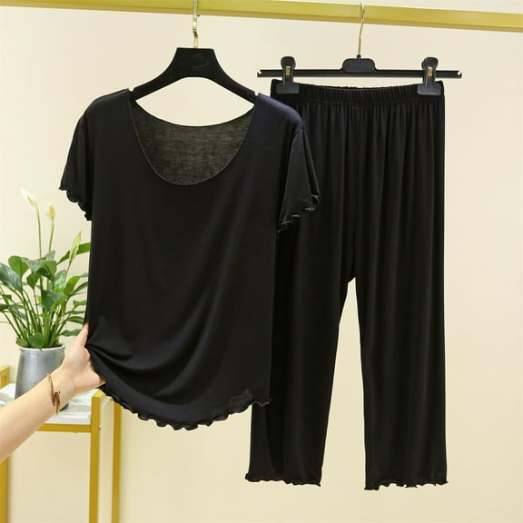 FUNUONY Women's2 Piece Pajamas Set Ribbed Knit Loungewear Casual Outfits Short Sleeve Tops and Wide Leg Pants Set Solid Color Pajamas Round Neck Short Sleeved Pajamas and Capris Pajama Set