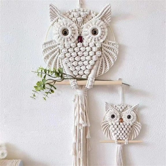 A Woven Pendant Owl Ivory Cotton Handmade Macrame Beigie Wall Hanging Tapestry Home Decor Art and Craft Wonderful Decoration Woven Boho Ornament for Bedroom Apartment Living Room Nursery