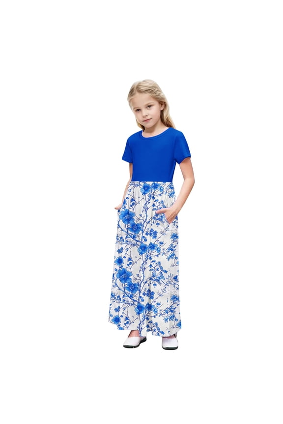 Girls Dress Short Sleeve Casual Holiday Modest Long Maxi Dress with Pockets Floral Printed Summer T-Shirt Dress for 4-14 Years