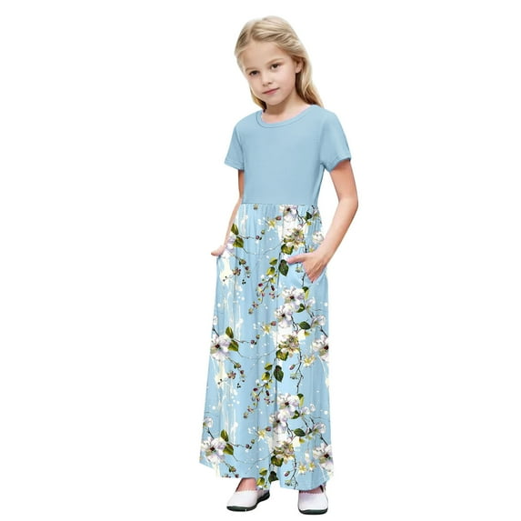 OGLCCG Girls Dress Short Sleeve Casual Holiday Modest Long Maxi Dress with Pockets Floral Printed Summer T-Shirt Dress for 4-14 Years