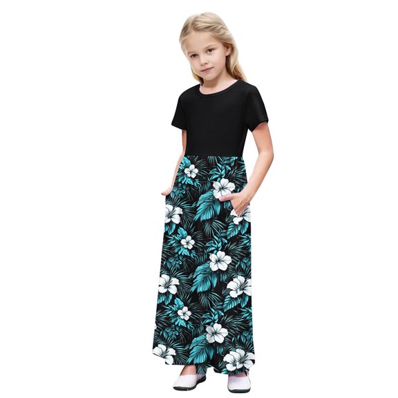 OGLCCG Girls Dress Short Sleeve Casual Holiday Modest Long Maxi Dress with Pockets Floral Printed Summer T-Shirt Dress for 4-14 Years