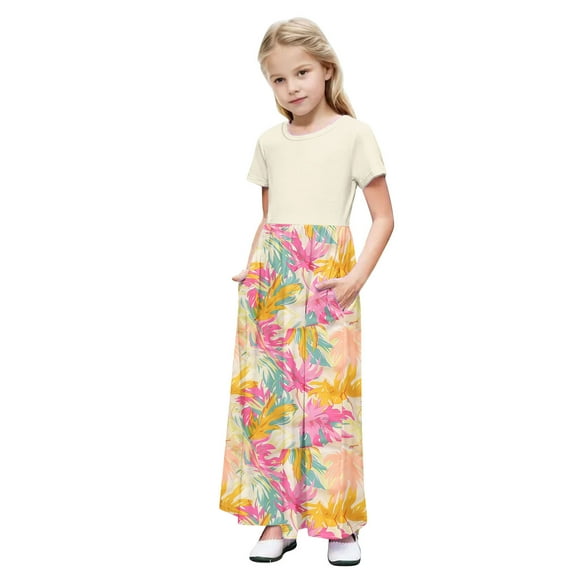 OGLCCG Girls Dress Short Sleeve Casual Holiday Modest Long Maxi Dress with Pockets Floral Printed Summer T-Shirt Dress for 4-14 Years