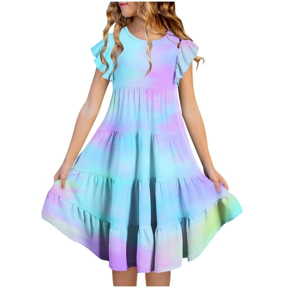 OGLCCG Girls Summer Dresses Ruffle Short Sleeve Casual Twirly Sundress with Pockets Tie Dye Tiered Swing Midi Dress for Kids 6M-15T