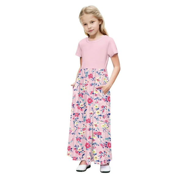 OGLCCG Girls Summer Long Dress Short Sleeve Casual Holiday Modest Maxi Dress with Pockets Floral Printed T-Shirt Dress for 4-14 Years