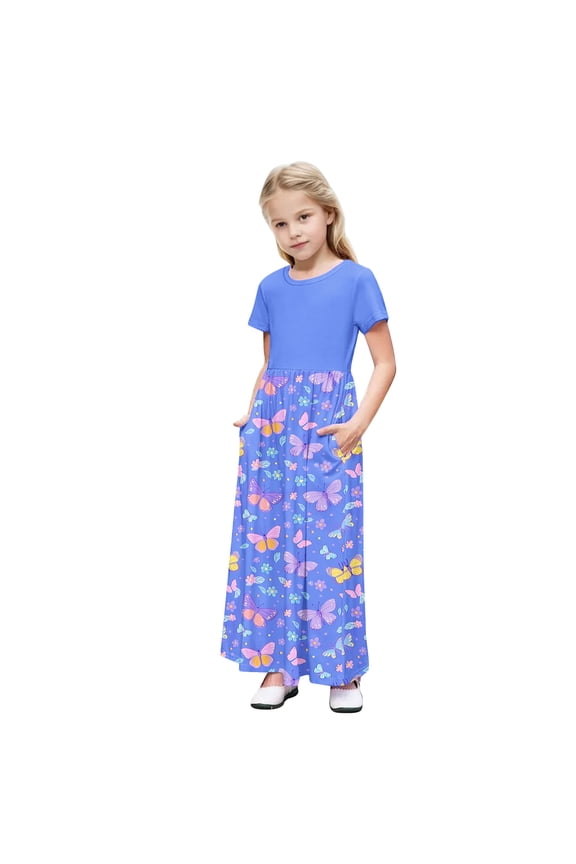 Girls Summer Long Dress Short Sleeve Casual Holiday Modest Maxi Dress with Pockets Floral Printed T-Shirt Dress for 4-14 Years