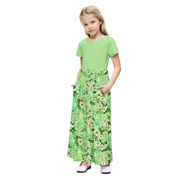 OGLCCG Girls Summer Long Dress Short Sleeve Casual Holiday Modest Maxi Dress with Pockets Floral Printed T-Shirt Dress for 4-14 Years