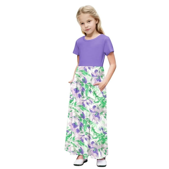 OGLCCG Girls Summer Long Dress Short Sleeve Casual Holiday Modest Maxi Dress with Pockets Floral Printed T-Shirt Dress for 4-14 Years