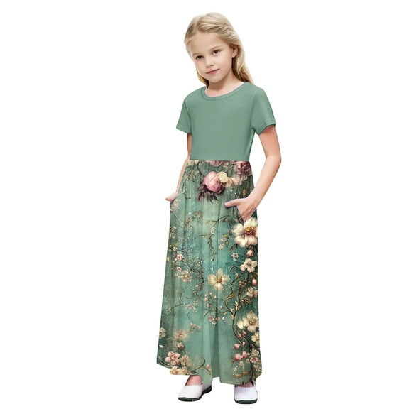 OGLCCG Girls Summer Long Dress Short Sleeve Casual Holiday Modest Maxi Dress with Pockets Floral Printed T-Shirt Dress for 4-14 Years