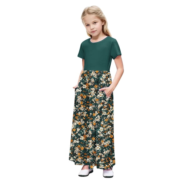 OGLCCG Girls Summer Long Dress Short Sleeve Casual Holiday Modest Maxi Dress with Pockets Floral Printed T-Shirt Dress for 4-14 Years