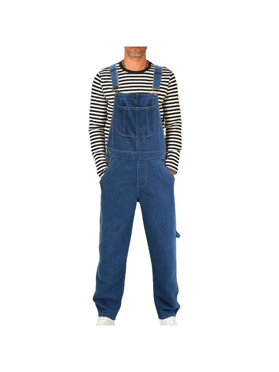 Men's Denim Bib Overalls Fashion Loose Fit Adjustable Straps Jean Jumpsuit with Multi Pockets Wide Leg Boot Cut Trousers