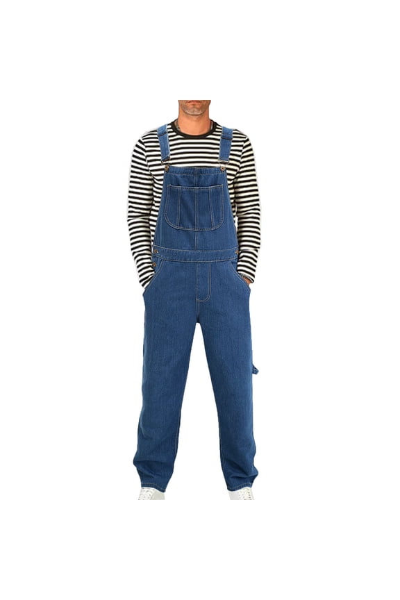 Men's Denim Bib Overalls Fashion Loose Fit Adjustable Straps Jean Jumpsuit with Multi Pockets Wide Leg Boot Cut Trousers