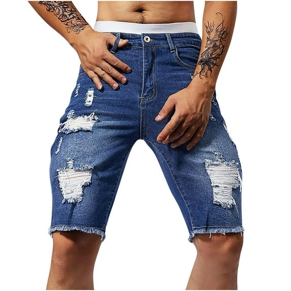 OGLCCG Men's Jean Shorts Distressed Ripped Slim Fit Stretch Denim Shorts with Pockets Summer Casual Classic Straight Short Jeans