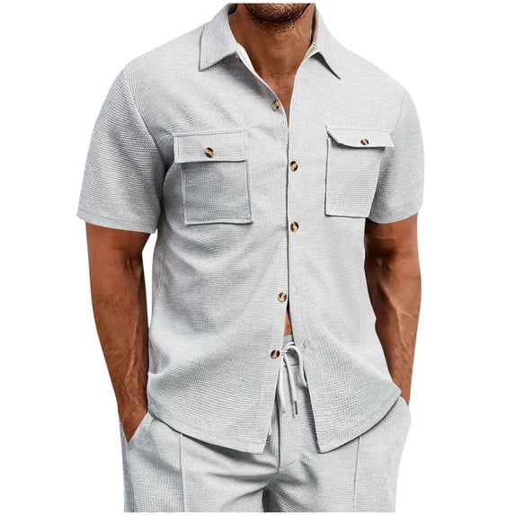 OGLCCG Mens Waffle T Shirt Short Sleeve Button Down Work Shirts Casual Lightweight Loose Fit Summer Shirt with Two Pockets