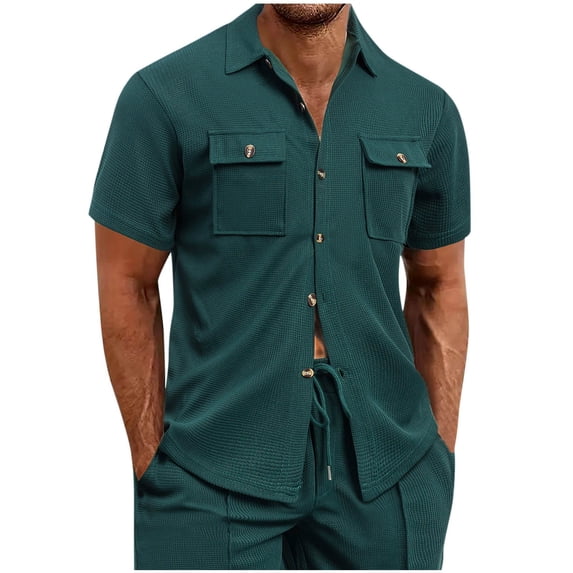 OGLCCG Mens Waffle T Shirt Short Sleeve Button Down Work Shirts Casual Lightweight Loose Fit Summer Shirt with Two Pockets