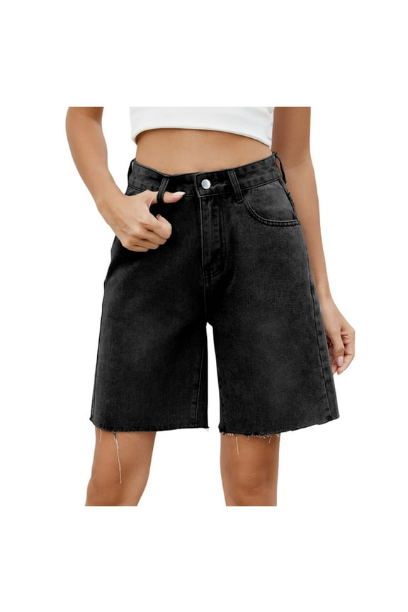 Women Baggy Jeans Mid-Low Wide Leg Knee Length Denim Shorts with Pockets Casual Loose Fit Y2K Summer Bermuda Shorts