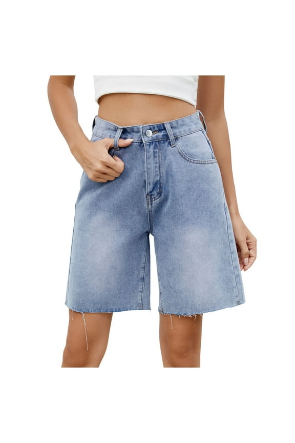 Women Baggy Jeans Mid-Low Wide Leg Knee Length Denim Shorts with Pockets Casual Loose Fit Y2K Summer Bermuda Shorts