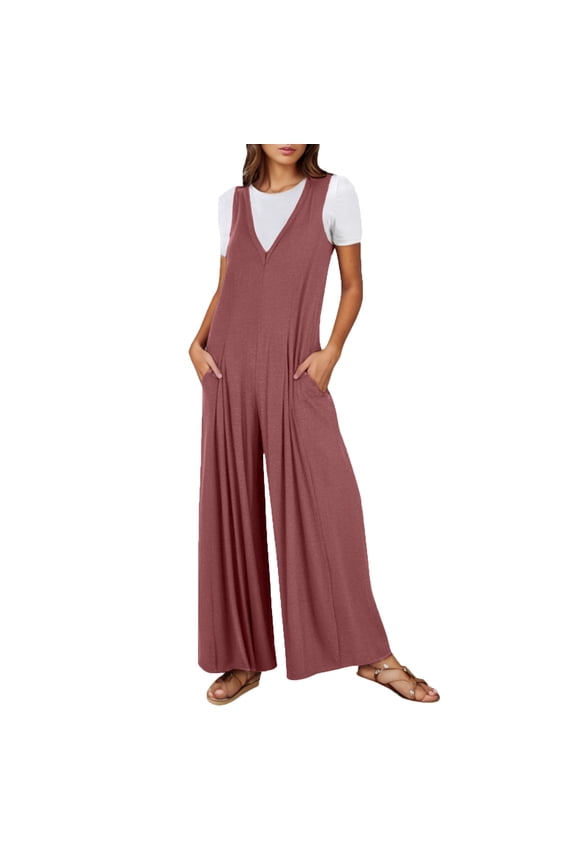 Womens Summer Casual Jumpsuit Sleeveless V Neck Wide Leg Rompers 2025 Trendy One Piece Jumpers with Pockets