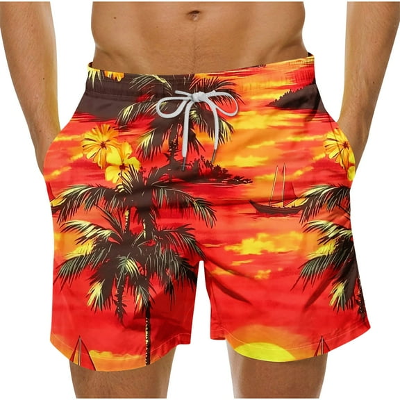 OGLCCG en's Hawaiian Swim Shorts Tropical Print Drawstring Elastic Waist Swim Shorts with Pockets Casual Quick-Dry Beach Shorts for Vacation