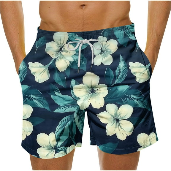 OGLCCG en's Hawaiian Swim Shorts Tropical Print Drawstring Elastic Waist Swim Shorts with Pockets Casual Quick-Dry Beach Shorts for Vacation