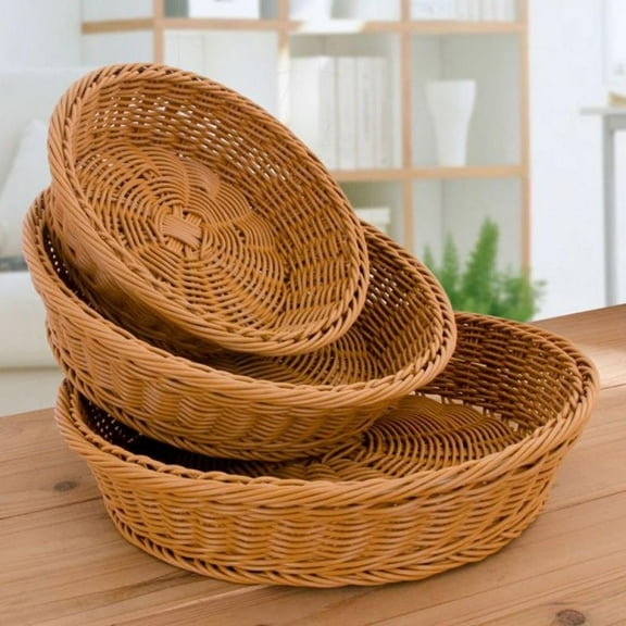 Big Sales! Wicker Woven Round Basket Bread Tray Serving For Food Fruit Cosmetic Storage Tabletop Bathroom Storage Kitchen Organizer