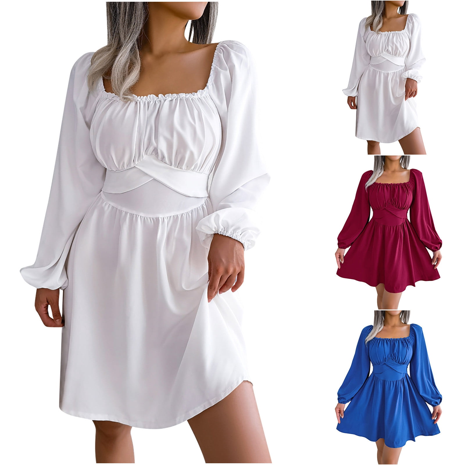 Big Sales! Women's Clothing,Vestido de mujer Women Solid Color Wooden Ear Collar Waist Cinched Large Hem Dress, Stylish and Comfortable for Casual or Semi-Formal Occasions