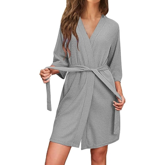 FAHXNVB Robes for Women Waffle Knit 3/4 Sleeve Bathrobe with Pockets Soft Lightweight Knee Length Kimono Bride Robe Loungewear S-XXL