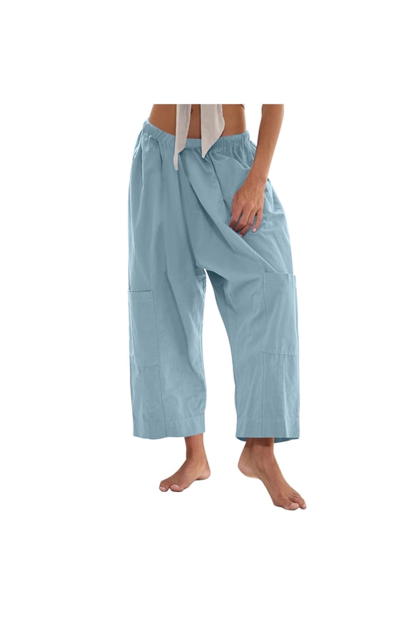 FAHXNVB Women's Capri Pants High Waist Wide Leg Pants with Pockets Cotton Linen Loose Casual Lightweight Beach Trouser