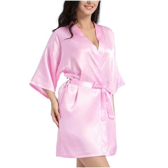 FAHXNVB Women's Satin Kimono Robe Wedding Robes for Bridal Party Bride Bridesmaids Short Silky Bathrobe Sleepwear with 3/4 Sleeve
