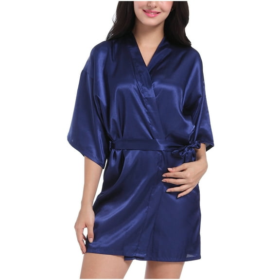 FAHXNVB Women's Satin Kimono Robe Wedding Robes for Bridal Party Bride Bridesmaids Short Silky Bathrobe Sleepwear with 3/4 Sleeve