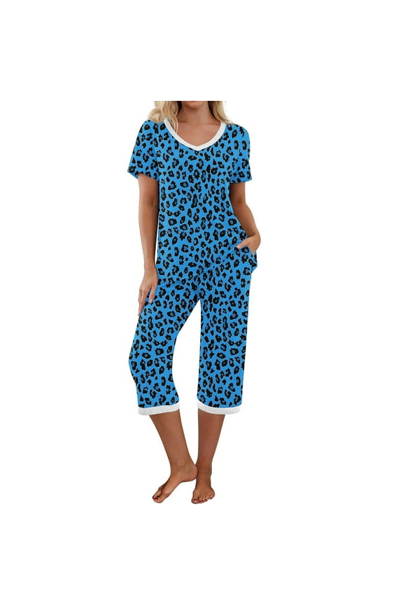 Big Sales juhao Womens Pajama Sets Leopard Printed V Neck Short Sleeve Sleepwear Top and Capri Pants Pjs Set Comfy 2 Piece Lounge Set with Pockets