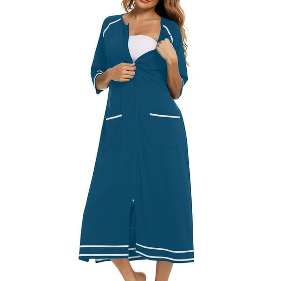 FAHXNVB Womens Zipper Front 3/4 Sleeves Robe Full Length Sleepwear with Pockets Lightweight Loungewear Bathrobe House Coat Nightgown