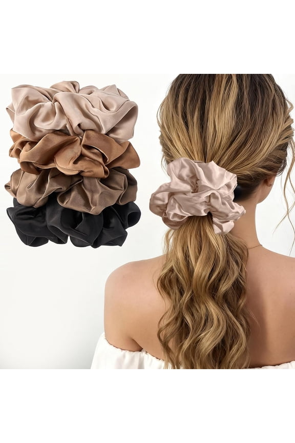 Big Satin Scrunchies for Women, 5.9 Inch Large Oversized Scrunchie, Soft Jumbo/Giant Scrunchies Hair Ties for Thick & Curly Hair -4 Pack, Almond/Khaki/Black/Brown