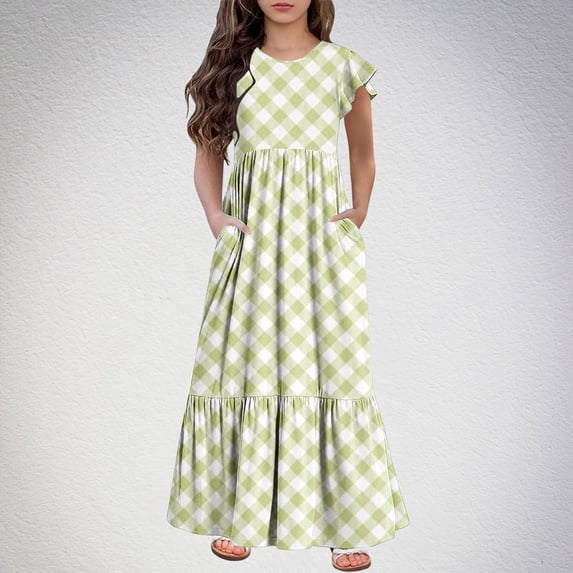 2025 Girls Dresses with Pockets 6-12 Years Kids Ruffle Short Sleeve Crew Neck Trendy Plaid Printed Pullover Long Maxi Dress