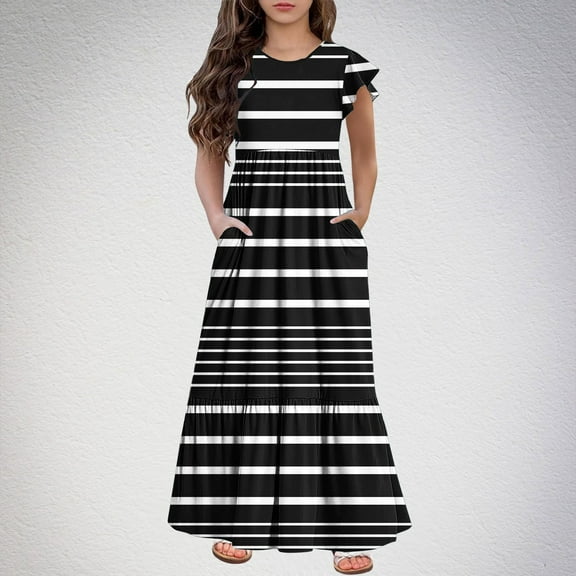 2025 Girls Dresses with Pockets 6-12 Years Kids Ruffle Short Sleeve Trendy Stripe Printed Crewneck Going Out Long Maxi Dress