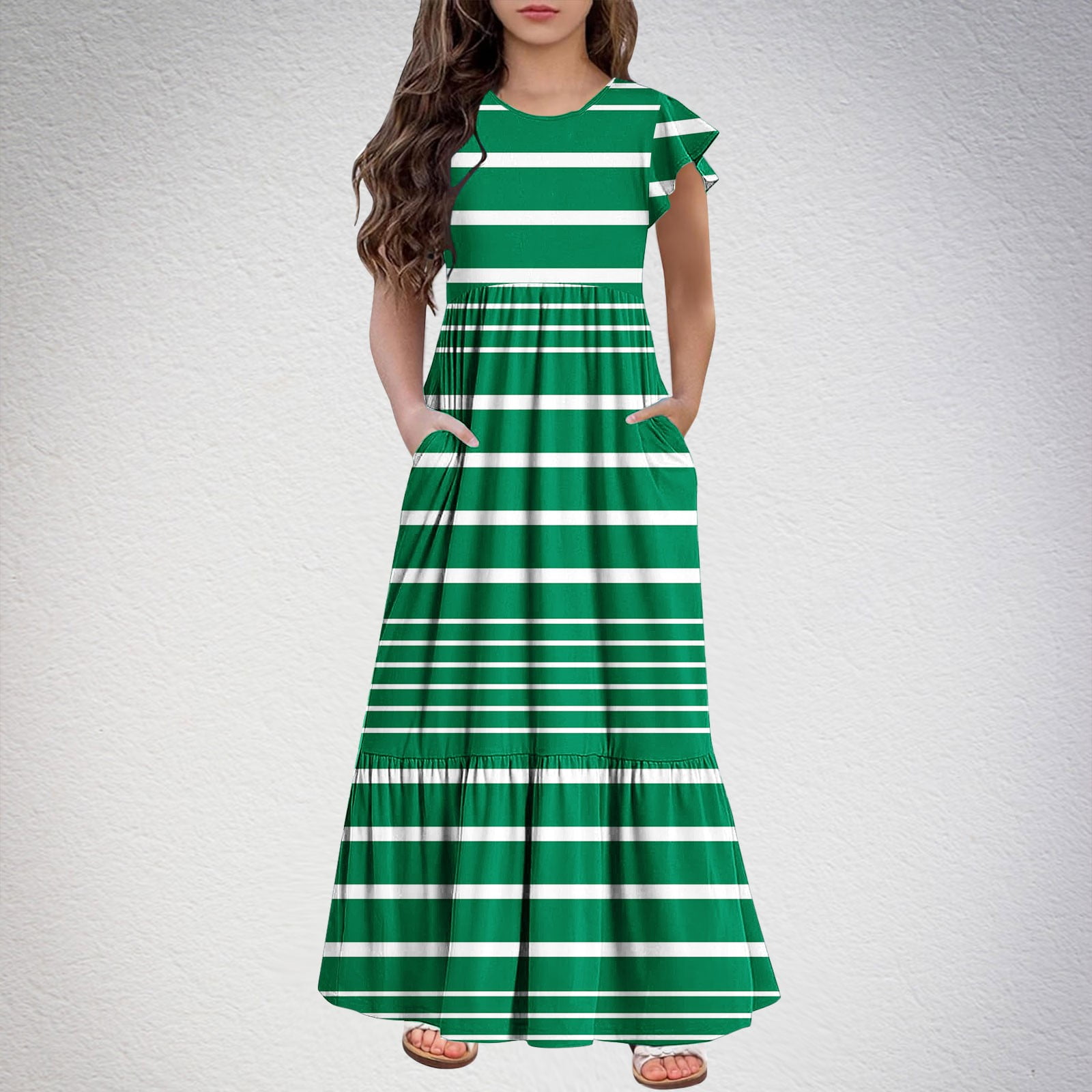 2025 Girls Dresses with Pockets 6-12 Years Kids Ruffle Short Sleeve Trendy Stripe Printed Crewneck Going Out Long Maxi Dress