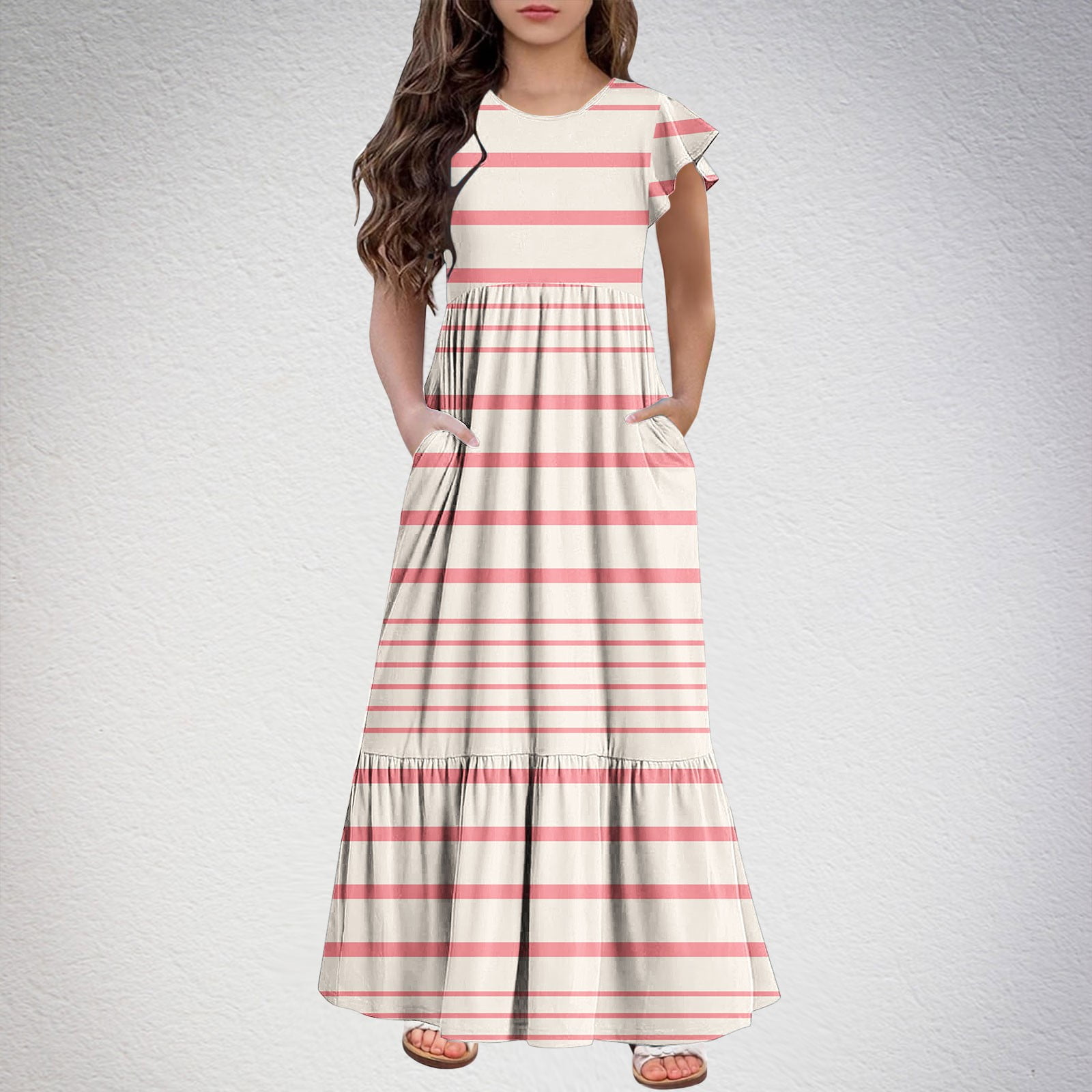 2025 Girls Dresses with Pockets 6-12 Years Kids Ruffle Short Sleeve Trendy Stripe Printed Crewneck Going Out Long Maxi Dress