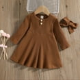 thumbnail image 1 of 2025 Long Sleeve Dresses for Girls with Hairband Size 1-8 Toddlers Kids Cute Button Crew Neck Solid Color A-Line Dress Fall, 1 of 6