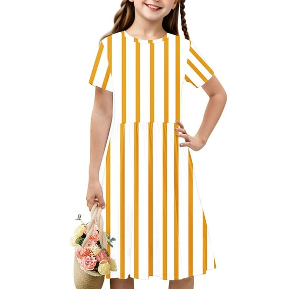 The Big Save of The Day kttectoa Casual A-Line Dress Teen Girls Tunic Dress Dress Round Neck Stripe Print Short Sleeve Dresses for Kids Loose Flowy Dress for Party 4-14Y