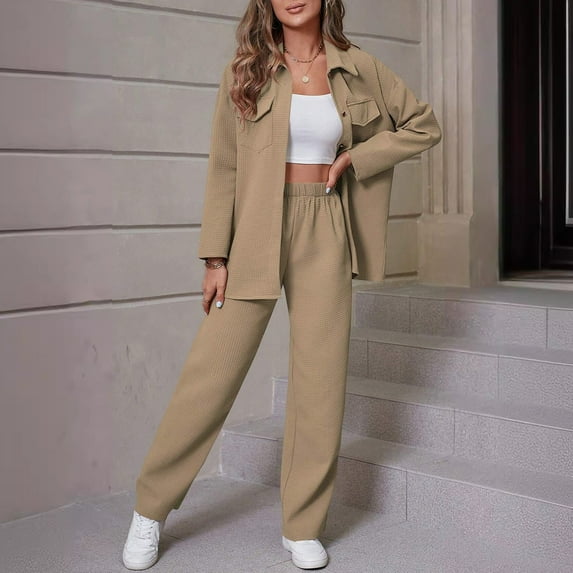 The Big Save of The Day kttectoa Outfits for Women Waffle Knit Jackets Trendy Casual Outfits Outdoor Clothing Solid Long Sleeve Mock Neck Button Pullover Tops and Pants Winter Outfits for Women