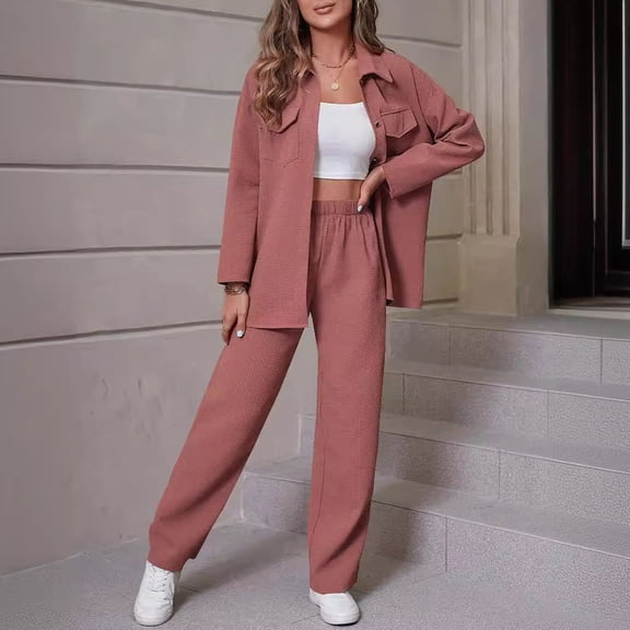 The Big Save of The Day kttectoa Outfits for Women Waffle Knit Jackets Trendy Casual Outfits Outdoor Clothing Solid Long Sleeve Mock Neck Button Pullover Tops and Pants Matching Sets for Women