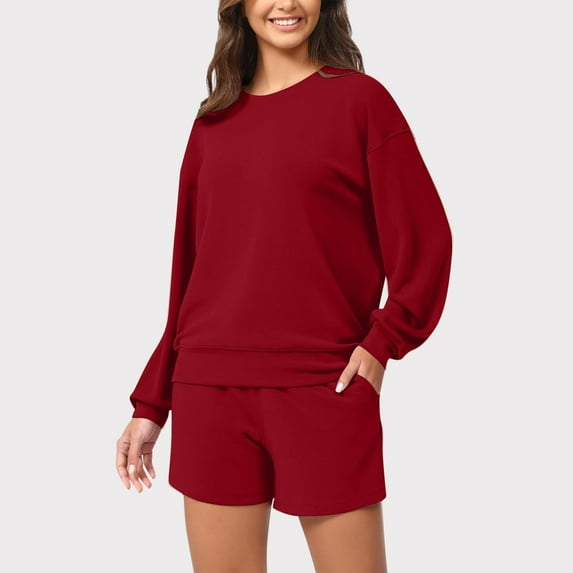 The Big Save of The Day kttectoa Outfits for Women Womens Athleisure Clothing Trendy Casual Outfits Lounge Sets Solid Long Sleeve Round Neck Pullover Tops and Shorts Lounge Sets for Women