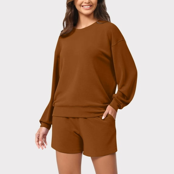 The Big Save of The Day kttectoa Outfits for Women Womens Athleisure Clothing Trendy Casual Outfits Lounge Sets Solid Long Sleeve Round Neck Pullover Tops and Shorts Two Piece Outfits for Women