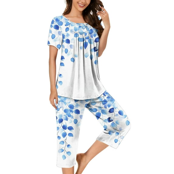 The Big Save of The Day kttectoa Trendy Button Pleated Loungewear Summer Outfits Floral Graphic Crewneck Short Sleeve Elastic Waist Capri Outfits for Womens Vacation