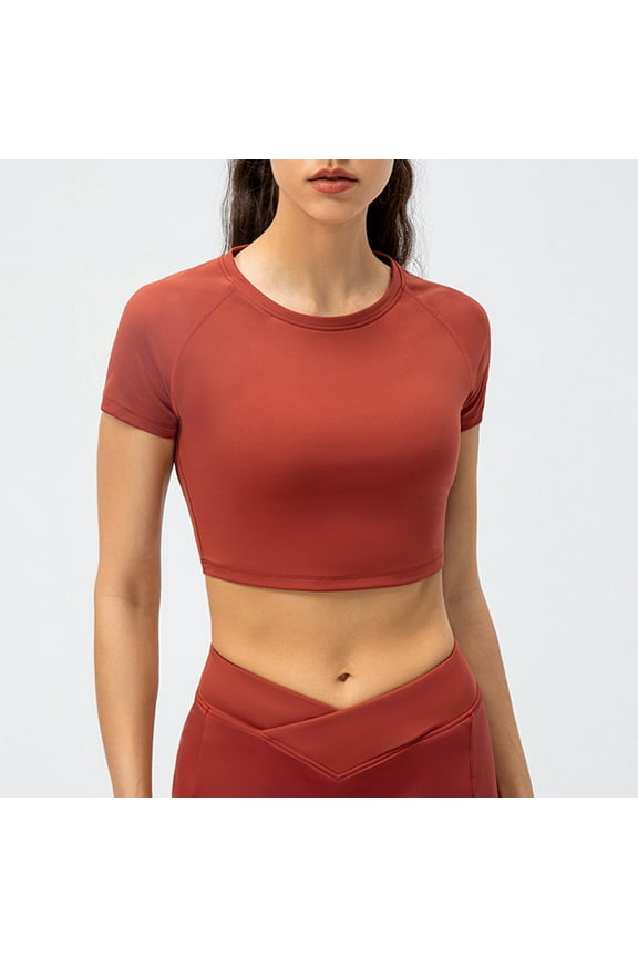 HWRETIE Women Tops Fashion Women Summer Half Sleeve Pullover Solid Color Casual Blouse Tops Brown