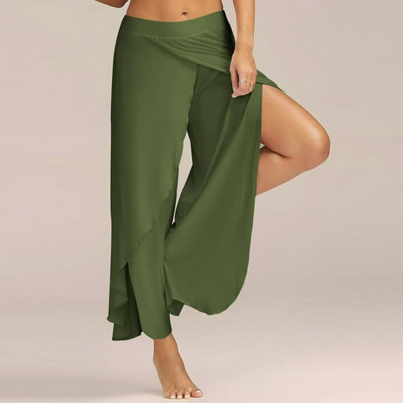 LoyisViDion Sexy Waist Wide Leg Flowy Pants Women Casual Summer Long Loose Yoga Pants Army Green 8(L)