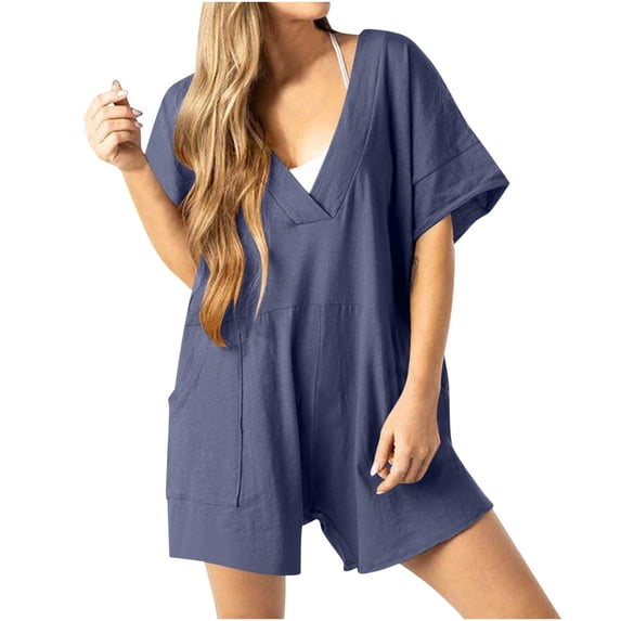 RYDCOT Oversized V-Neck Romper with Side Pockets - Women's Solid Oversized Casual Rompers Summer Outfits Workout Tee Rompers Neck Loose Short Sleeve Jumpsuit With Pocket